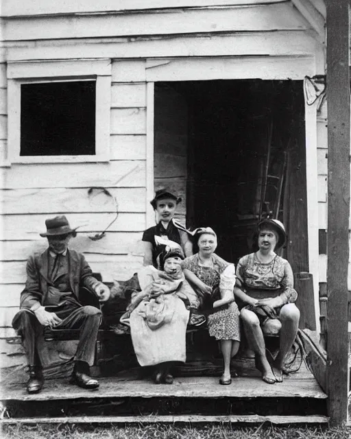 Image similar to “a black and white photograph of a successful Appalachian bootlegging family of four during prohibition, posed on the porch with a jars of moonshine, realistic, vintage, grainy film, 4k”