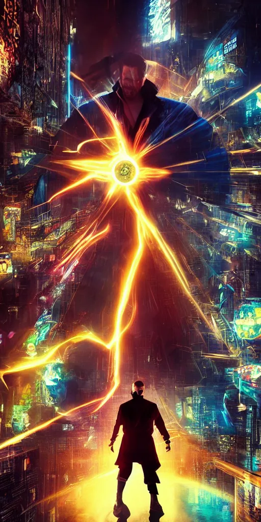 Image similar to cyberpunk, dr strange, photograph, cinematic,