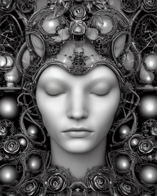 Image similar to mythical dreamy black and white organic bio-mechanical spinal ribbed profile face portrait detail of translucent steampunk beautiful female angelic-human-queen-vegetal-cyborg, highly detailed, intricate trnaslucent ivy jelly ornate, poetic, translucent roses ornate, 3D render, digital art, octane render, 8K artistic photography, photo-realistic, by Dora Maar