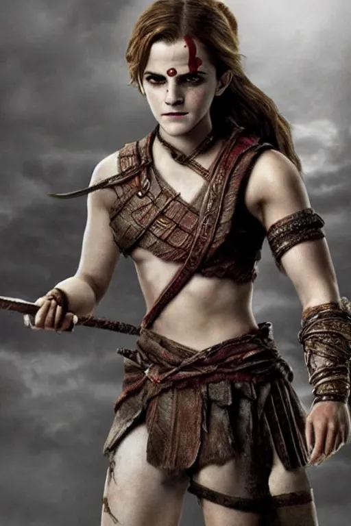 Image similar to Emma Watson as Kratos, brutal, detailed realistic, photorealistic, full body