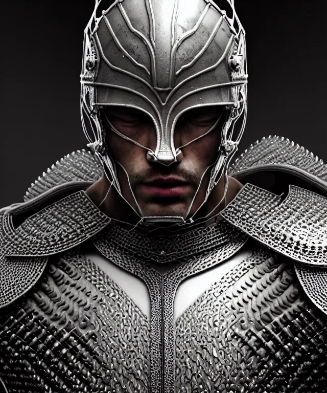 Image similar to hyperrealistic mixed media painting of a stoic male fighter, stunning 3d render inspired art by P. Craig Russell and Barry Windsor-Smith + perfect facial symmetry + dim volumetric lighting, ornate chainmail armor, head and shoulders, d&d, arms crossed, 8k octane beautifully detailed render, post-processing, extremely hyperdetailed, intricate, epic composition, grim yet sparkling atmosphere, cinematic lighting + masterpiece, trending on artstation, very very detailed, masterpiece, stunning