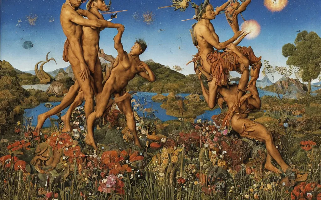 Image similar to a portrait photograph of a meditating satyr and a centaur monk riding a rocket machine and hunting at a river delta. surrounded by bulbous flowers and trees. mountain range under a blue sky of fiery stars. by jan van eyck, max ernst, ernst haeckel, ernst fuchs and artgerm, cgsociety, fashion editorial, 8 k