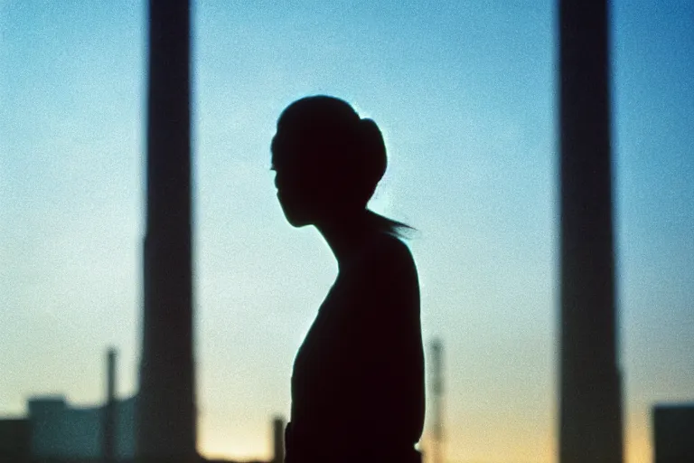 Image similar to backlit photograph of young woman standing in front of monolith radiating neutrinos in suburban living room, crisp focus, highly detailed, in roger deakins style, 3 5 mm ektachrome