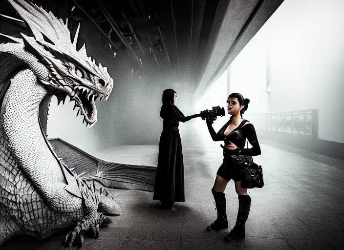 Image similar to scared female rogue who came only to look at the real dragon, symmetrical, cinematic, real photography