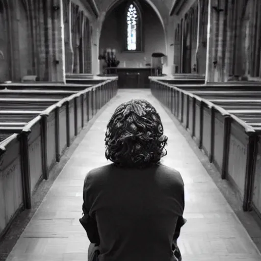 Prompt: a man wearing a wig sitting in a church, photo taken from the back of his head on a phone.