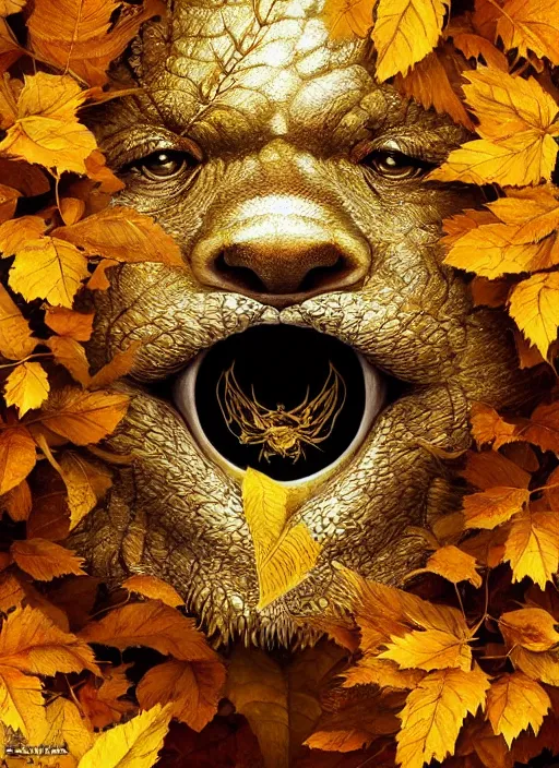 Image similar to golden leaves at frame border, creative!!! composition for a book cover, absurdly beautiful, ultrafine hyperrealistic detailed animal face by wlop and artgerm and greg rutkowski, intricate linework, sharp focus, smooth, octopath traveler, final fantasy, unreal engine, dramatic lighting, ethereal, 8 k