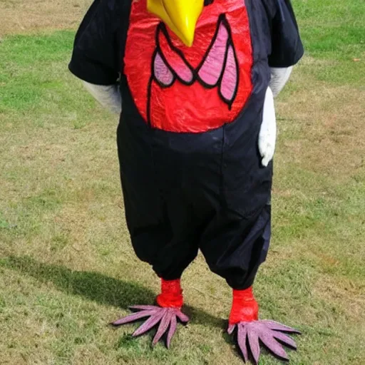 Image similar to chicken wearing inmate suit