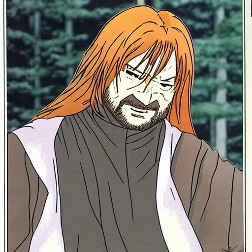 Image similar to boromir from the anime lord of the rings (1986), ginger hair, looking serious, some beard, studio ghibli, very detailed, realistic