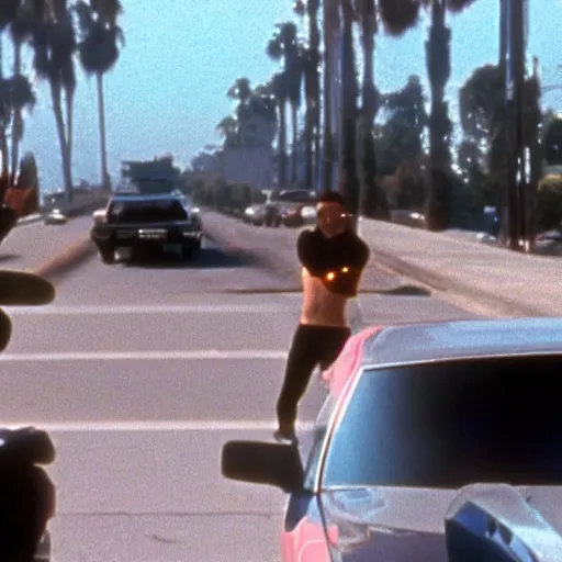 Prompt: Film still of 'Los Angeles Vice Squad' (1990). Epic car chase scene. Sigma 85mm f/1.4