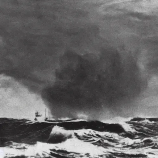 Image similar to giant anomalous creature in the middle of a violent stormy ocean being encountered by warship, 1900s photograph