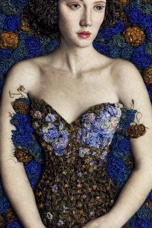 Prompt: hyperrealism close-up portrait of thousands dark flowers merged with with medieval female, night, blue palette, pale skin, wearing dark silk, in style of classicism