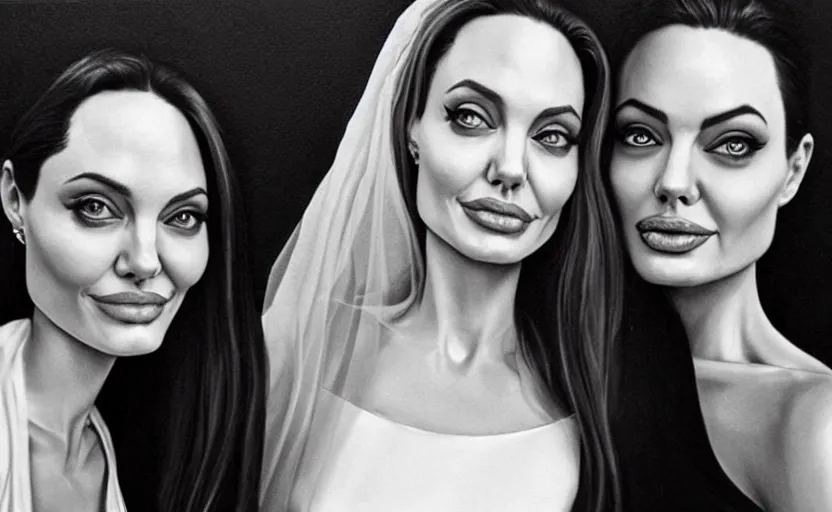 Image similar to Angelina Jolie and Margot Robbie are getting married, wedding couple portrait by Artgerm