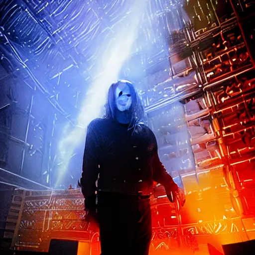 Image similar to dusty Trent Reznor smashing guitars, group of people on stage playing instruments, elaborate stage effects, dust, smoke, giant LED screens, colored projections, ultrafine detail, goth cybersuit, glowing thin wires, smoke, high contrast, projections, a screenshot by David Gilmour Blythe, holography, tesseract, volumetric lighting, anamorphic lens flare