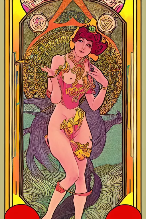 Image similar to full length painting of princess peach art nouveau, tarot card by mucha, gaudy colors, sharp edges, octane render, intricate linework.