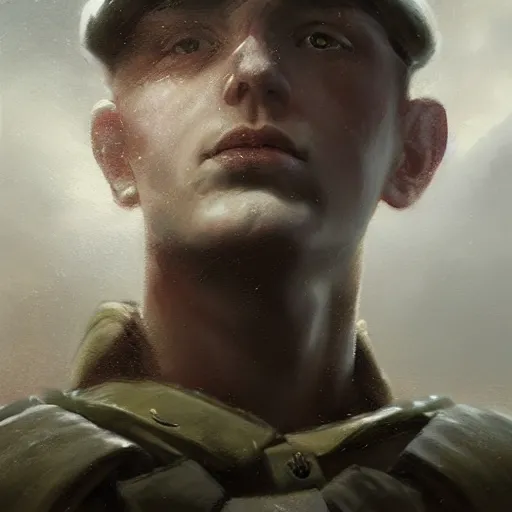 Prompt: a dramatic epic ethereal portrait of a German WWII soldier, full body with dynamic pose, male, detailed face, cinematic lighting, highly detailed oil on canvas painting by Greg Rutkowski, winning-award digital art trending on Artstation H 1024 W 832
