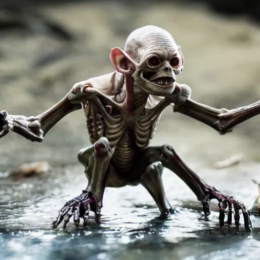 Image similar to Gollum floats on a bloody stream, bones, skeletons