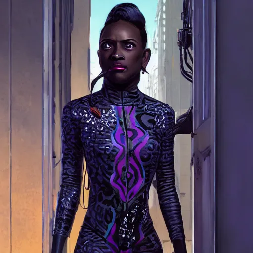 Prompt: highly detailed an african american woman in with the black panter random suit from the future gta v, stephen bliss, unreal engine, fantasy art by greg rutkowski, loish, rhads, ferdinand knab, makoto shinkai and lois van baarle, ilya kuvshinov, rossdraws, tom bagshaw, global illumination, radiant light, detailed and intricate environment