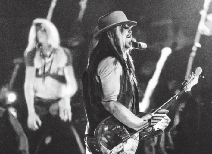 Image similar to polaroid movie still of kid rock crying during a concert in woketown