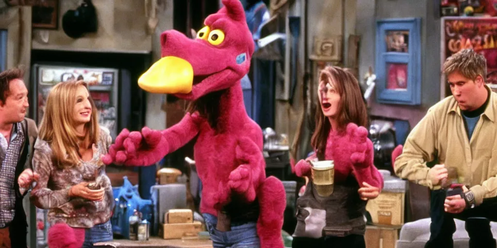 Prompt: Barney the dinosaur on the set of Friends (1994)