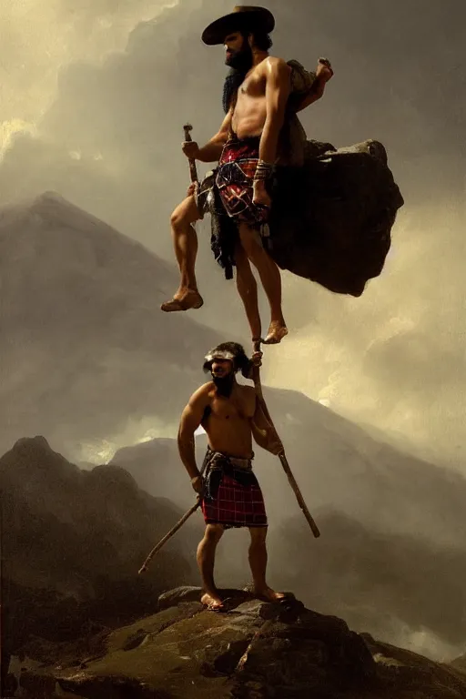 Prompt: a portrait by greg rutkowski and albert bierstadt of a handsome buff beautiful shirtless desi mountaineer on a mountain peak | he is wearing a short tartan kilt, cowboy hat, and leather boots, and holding a staff | background is snowy mountains and clouds | homoerotic, detailed face, dramatic, ethereal, dreamlike | trending on artstation