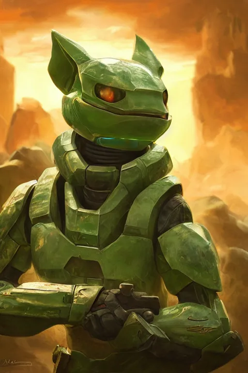 Prompt: bulbasaur playing as master chief, oil on canvas, intricate, portrait, 8 k highly professionally detailed, hdr, cgsociety