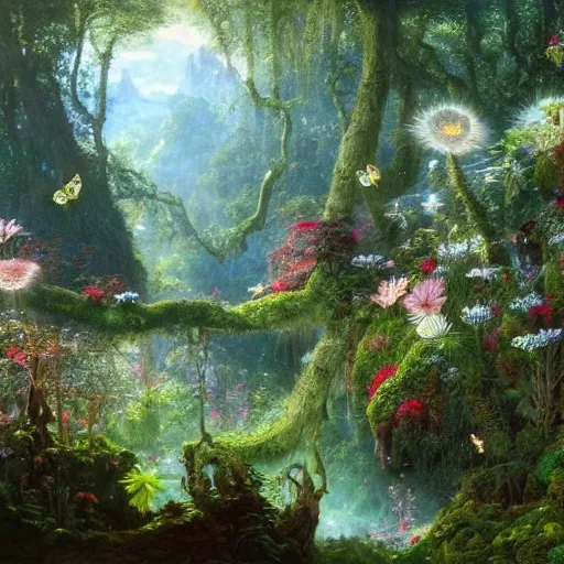 Image similar to a beautiful and highly detailed matte painting of a magical flower covered pergoda in a fantasy garden in a lush forest deep in the mystical mountains, intricate details, epic scale, insanely complex, 8 k, sharp focus, hyperrealism, very realistic, by caspar friedrich, albert bierstadt, james gurney, brian froud,