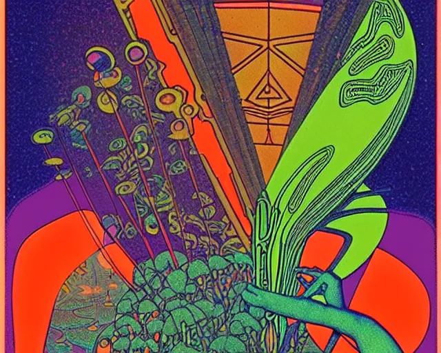 Prompt: 1968 psychedelic, tarot cards, cut out collage, neon Greek, dusk on Jupiter, epic theater, deep jungle texture, aquatic plants, Jugendstil drawings, in part by Terry Gilliam, part by Moebius, composition William S Boroughs, written by Michael Ende