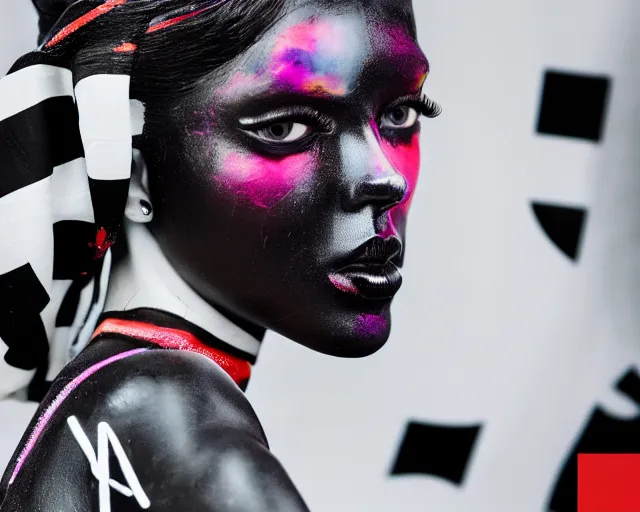 Image similar to close up portrait of extremely beautiful female black marble statue in the style of virgil abloh, colorful motocross logos behind her, sharp focus, clear, detailed,, cinematic, detailed, off white, glamourous, symmetrical, vogue, editorial, fashion, magazine shoot, glossy