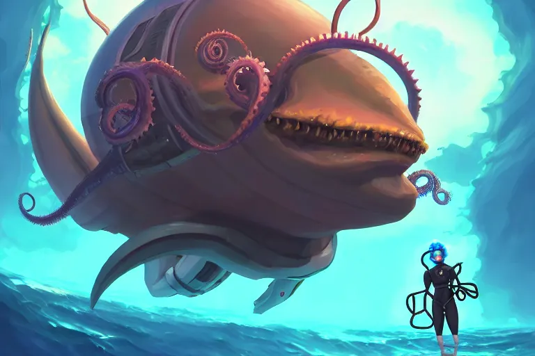 Image similar to afro - futurist scuba divers escaping an alien leviathan, gigantic angler fish with tentacles | hyperrealistic digital painting by makoto shinkai, ilya kuvshinov, lois van baarle, rossdraws | afrofuturism in the style of hearthstone and overwatch, trending on artstation