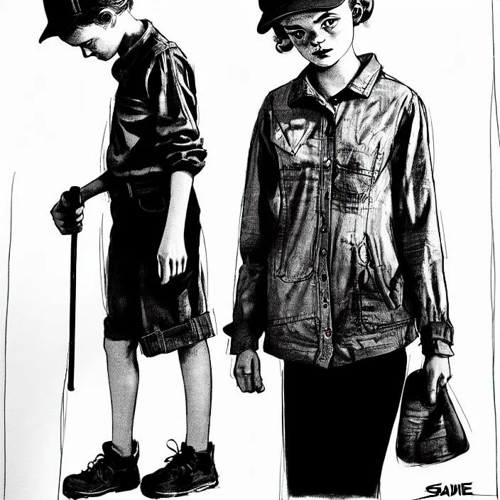 Image similar to [ sadie sink in dirty workmen clothes comes in ] [ a very dark dingy 1 9 6 0 s house ]. technique : black and white pencil and ink. by gabriel hardman, joe alves, chris bonura. cinematic atmosphere, detailed and intricate, perfect anatomy