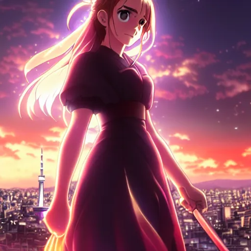 Image similar to portrait emma watson in heavens feel movie, tokyo, ufotable, key visual, cinematic, city background, night time, rooftop, fate stay night, unlimited blade works, greg rutkowski, high resolution, street clothes, anime, high budget