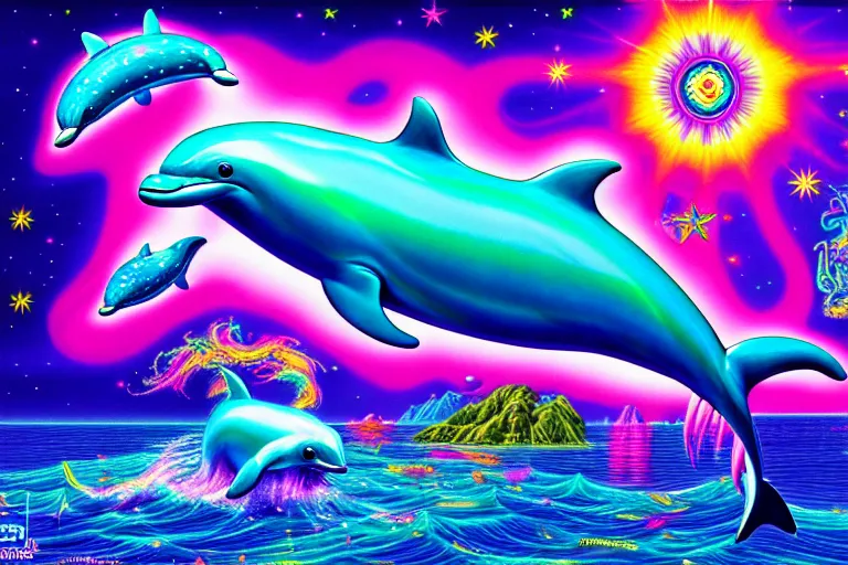 Image similar to lisa frank illustration of rebulon the ancient dolphin demon, by lisa frank and giger, masterpiece concept art, 8 k, intricate detail, cinematic lighting, epic pose, bright colors