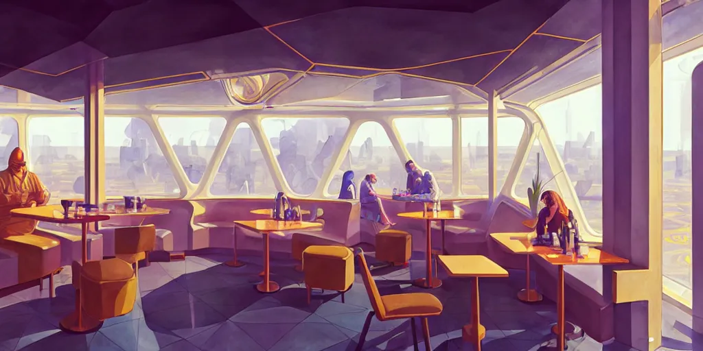 Prompt: a beautiful illustration of futuristic cafe interior, big medium small, sacred geometry, golden ratio, in watercolor gouache detailed paintings, in style of syd mead, trending on artstation, 8 k, panel, hard surface, vent, zaha hadid, props, plant, cozy, decoration around the room, simon stalenhag, deus ex