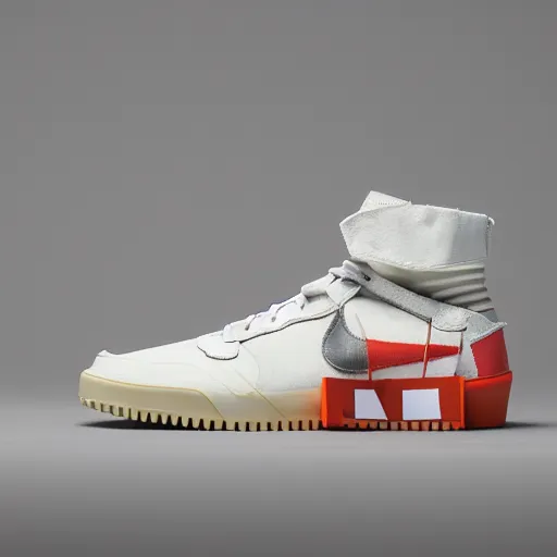 Prompt: a studio photoshoot of A floating Nike high top sneaker designed by Virgil Abloh, leather and suede, Off-White, realistic, color film photography by Tlyer Mitchell, 35 mm, graflex