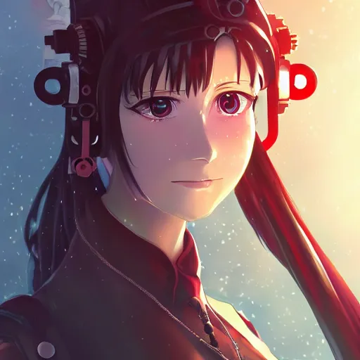 Image similar to beautiful image of tohsaka rin from fate / stay night inside of an old steampunk robot, high details, high resolution, noise filtered, artstation, 4 k, highly detailed, high quality, digital painting masterpiece, beautiful brush strokes