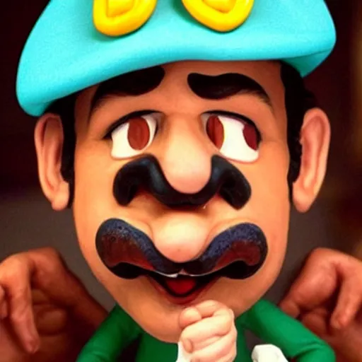 Image similar to beautifully rendered, masterpiece, caricature, claymation, luis guzman as luigi making absurd silly looking faces