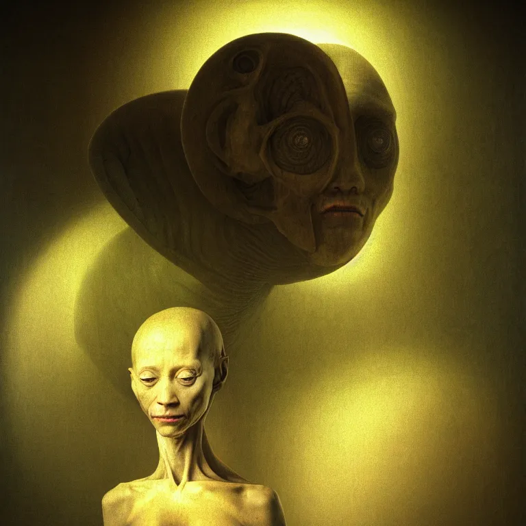 Image similar to portrait of a ribbed alien by hieronymus bosch, wide shot, soft glow bloom lucid dream - like ethereal atmosphere, baroque portrait painting, perfect composition, beautiful intricate detailed octane render trending on artstation, 8 k artistic photography, volumetric cinematic perfect light, chiaroscuro, masterpiece, raphael, caravaggio, rutkowski, beeple, beksinski