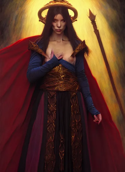 Image similar to female wizard, robes, full body, hyper realistic, extremely detailed, dnd character art portrait, dark fantasy art, intricate fantasy painting, dramatic lighting, vivid colors, deviantart, artstation, by edgar maxence and caravaggio and michael whelan and delacroix.