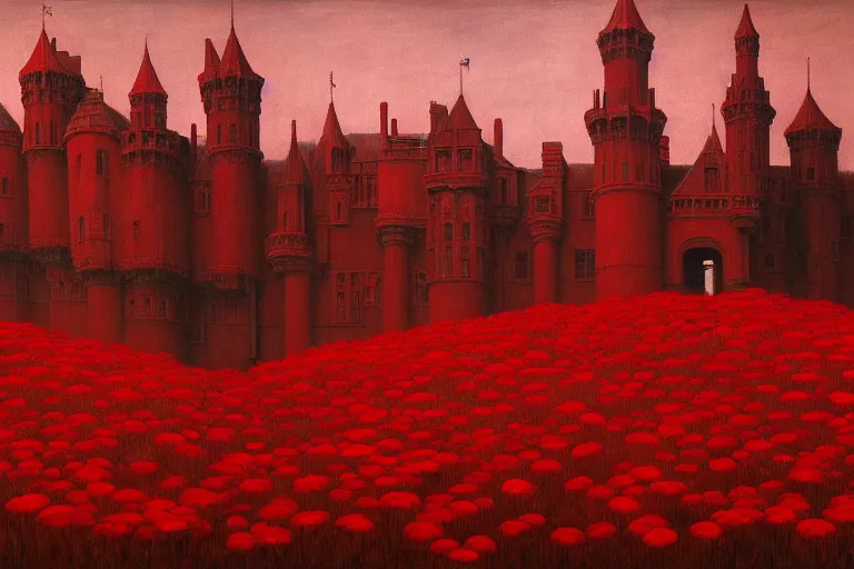 Image similar to only with red, red flowers of different types, red castle in background, red medieval goblins, in the style of beksinski, parts by edward hopper, parts by rodcenko, parts by yue minjun, intricate and epic composition, red by caravaggio, insanely quality, highly detailed, masterpiece, red light, artstation, 4 k