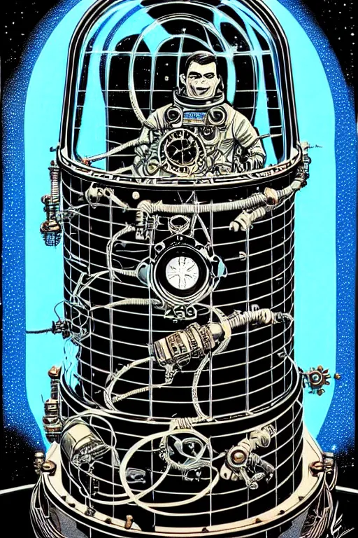 Prompt: steampunk cryo chamber containing an cosmonaut, high details, intricately detailed, by vincent di fate, inking, 3 color screen print, masterpiece, trending on artstation,, sharp, details, hyper - detailed, hd, 4 k, 8 k