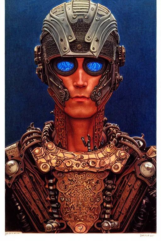 Prompt: portrait of gothic and futuristic young man, warhammer, cyberpunk armor, a lot of scars, thunderstorm, blue head, fire eyes, some red, the middle ages, highly detailed, artstation, in the style of moebius, jugendstil and classic japanese print, art by jean delville and gustav klimt