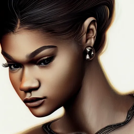 Image similar to A full portrait of Zendaya, intricate, elegant, highly detailed, digital painting, artstation, concept art, smooth, sharp focus, art by bouguerea