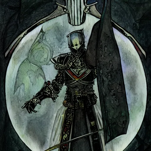 Prompt: watercolor, final fantasy tactics character design, knight wearing plate armor, knight wearing helmet, character portrait, evil, shrouded in pitch black darkness, harry clarke artwork