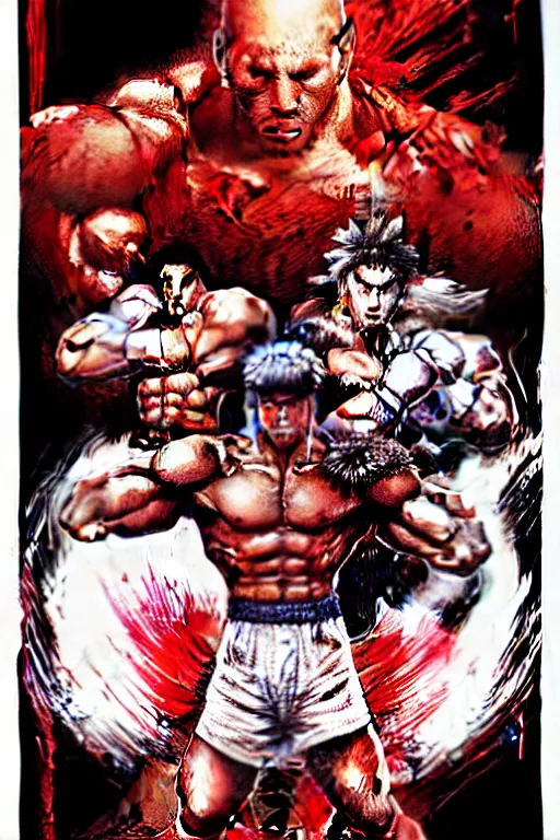 Image similar to extreme long shot. 8 bit nes graphics. antropomorphic muscular masculine wolf. kickboxer fighter, in shorts. wolf head. fine details, very sharp, art from nes game cartridge, 8 0's, vhs artefacts, vaporwave style, marc simonetti and hermann nitsch. streetfighter, contra