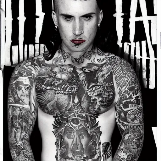 Image similar to harry Quinn with tattoos, noir, black and white, highly detailed