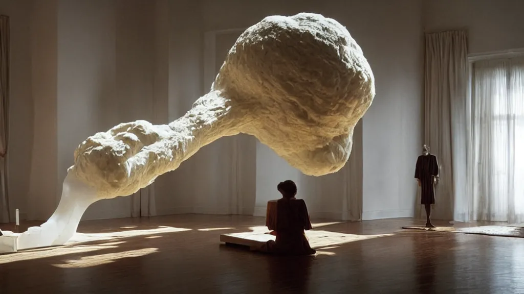 Image similar to a giant hand made of wax and water floats through the living room, film still from the movie directed by Denis Villeneuve with art direction by Salvador Dalí, wide lens