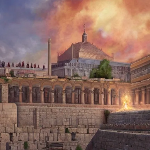 Image similar to a beautiful detailed and realistic matte painting of the ancient Temple of Jerusalem aflame