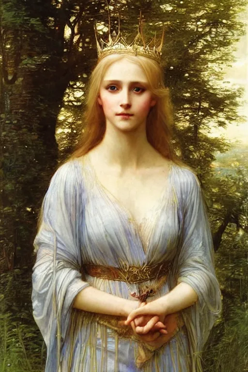 Image similar to portrait of a blue eyed, blonde haired crowned queen of summer with light elvish overtones and a forest background by John WIlliam Waterhouse