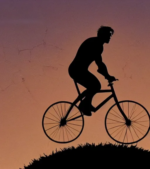 Image similar to the hulk is riding a flying bike across the full moon as silhouette, from the movie e. t. the extra terrestrial, with dark trees in foreground, cinematic frame by steven spielberg, hd