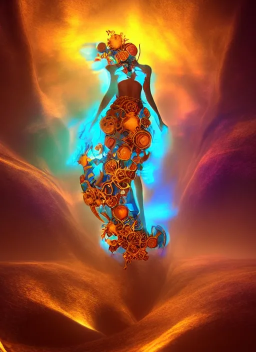 Image similar to flowers within the whole infinite capsule apparent with awe the apparition, an idea seep's into infinity highly detailed in volumetric latent space, golden turquoise steampunk, high contrast cinematic light, mystical shadows, sharp focus, divine realm of gods, octane render, artist by boris vallejo,